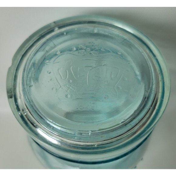 Vintage Crown Blue Glass Quart Canning Jar w. Glass Lid Bubbles D3 - Picture 9 of 11
